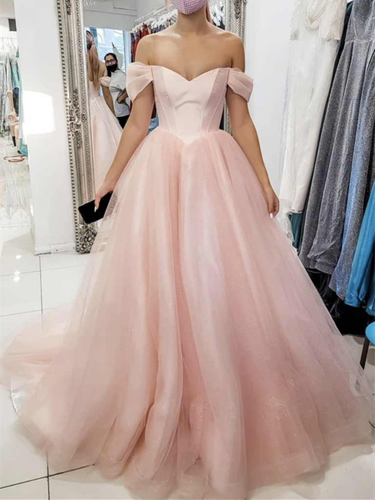 pink off shoulder dress for wedding Blush Pink Off-shoulder V-neck Lace-up Back A-line Long Prom Dress, PD SposaBridal