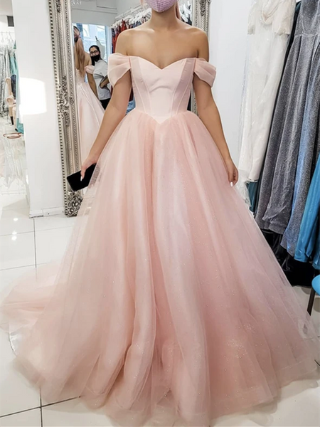 A Line Off Shoulder Pink Tulle Long Prom Dresses, Off The Shoulder Pink Long Tulle Formal Evening Dresses