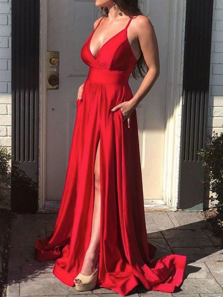 Simple V Neck Red Satin Long Prom Dresses With High Leg Slit, Sexy Red – morievent Simple V Neck Red Satin Long Prom Dresses With High Leg Slit, Sexy Red – morievent
