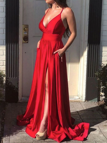Simple V Neck Red Satin Long Prom Dresses With High Leg Slit, Sexy Red Satin Long Formal Evening Dresses