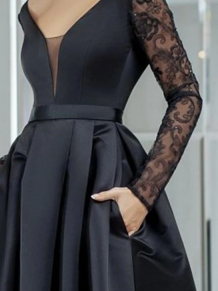 V Neck Long Sleeves Black Lace Long Prom Dresses, High Low Black Forma