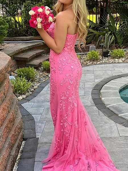 Strapless Mermaid Yellow/Pink Lace Long Prom Dresses, Yellow/Pink Lace Formal Evening Dresses