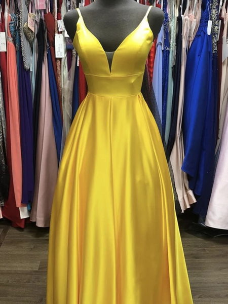 A Line V Neck Yellow Satin Long Prom Dresses, A Line V Neck Yellow Satin Long Formal Evening Dresses