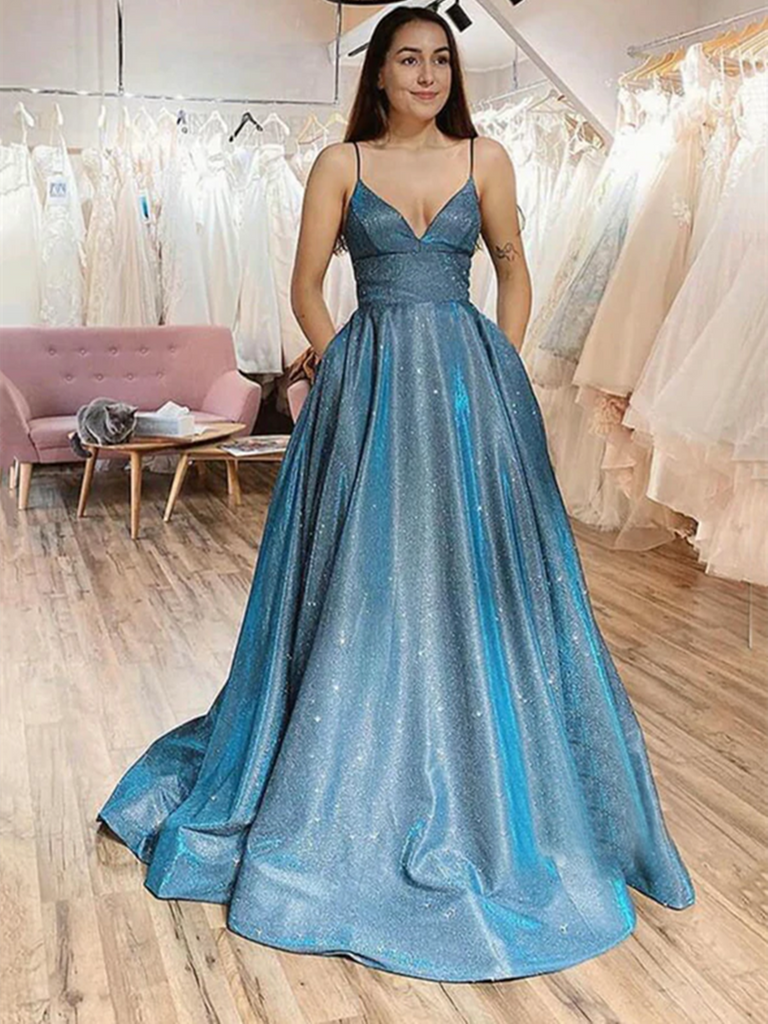 A Line V Neck Blue Satin Long Prom Dresses, A Line V Neck Blue Satin Long Formal Evening Dresses