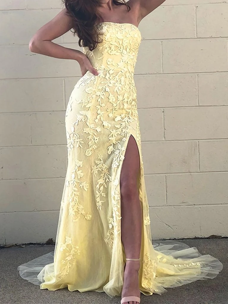 Strapless Mermaid Yellow/Pink Lace Long Prom Dresses, Yellow/Pink Lace morievent Strapless Mermaid Yellow/Pink Lace Long Prom Dresses, Yellow/Pink Lace morievent
