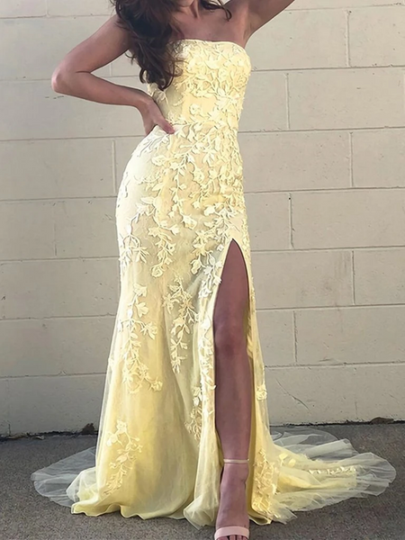 Strapless Mermaid Yellow/Pink Lace Long Prom Dresses, Yellow/Pink Lace Formal Evening Dresses