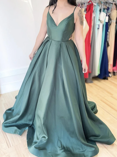 A Line V Neck Green Satin Long Prom Dresses, Backless Green Long Formal Evening Dresses