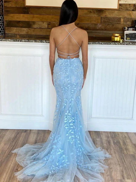 2 Pieces Blue Tulle Lace  Long Mermaid Prom Dresses, Two Pieces Lace Mermaid Long Formal Evening Dresses