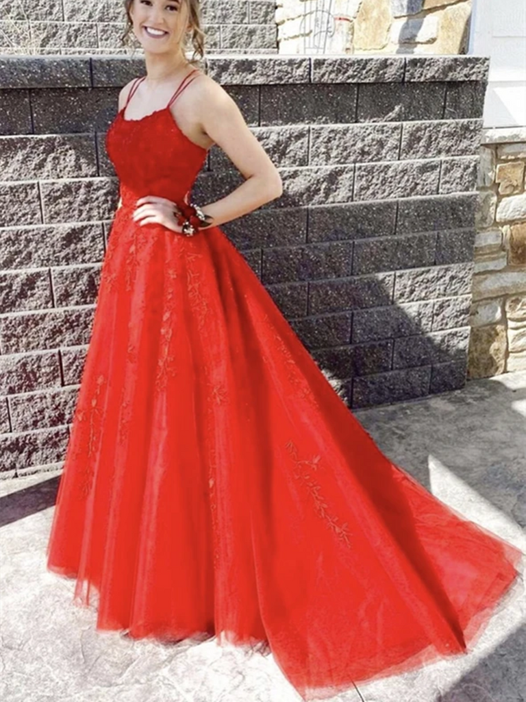 A Line Red Lace Backless Long Prom Dresses, Open Back Red Lace Long Formal Evening Dresses