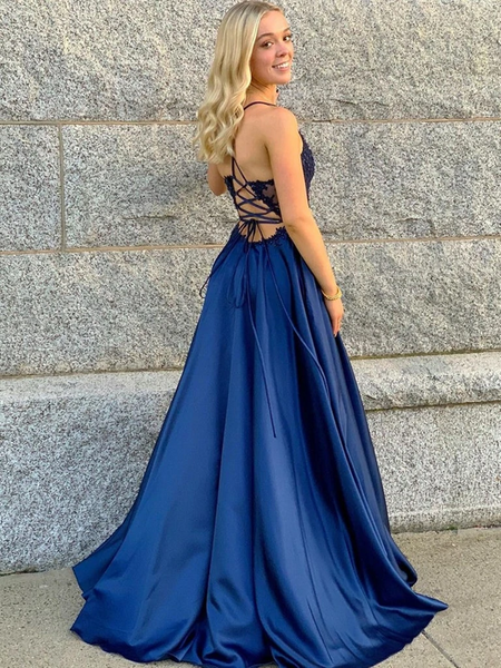 V Neck Blue Lace Prom Dresses, Blue V Neck Lace Formal Evening Dresses