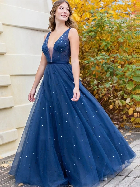 A Line V Neck Navy Blue Tulle Long Prom Dresses,Dark Blue V Neck Tulle Long Formal Evening Dresses
