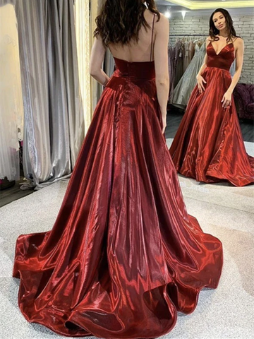 A Line V Neck Burgundy Long Prom Dresses, V Neck Burgundy Backless  Formal Graduation Evening Dresses