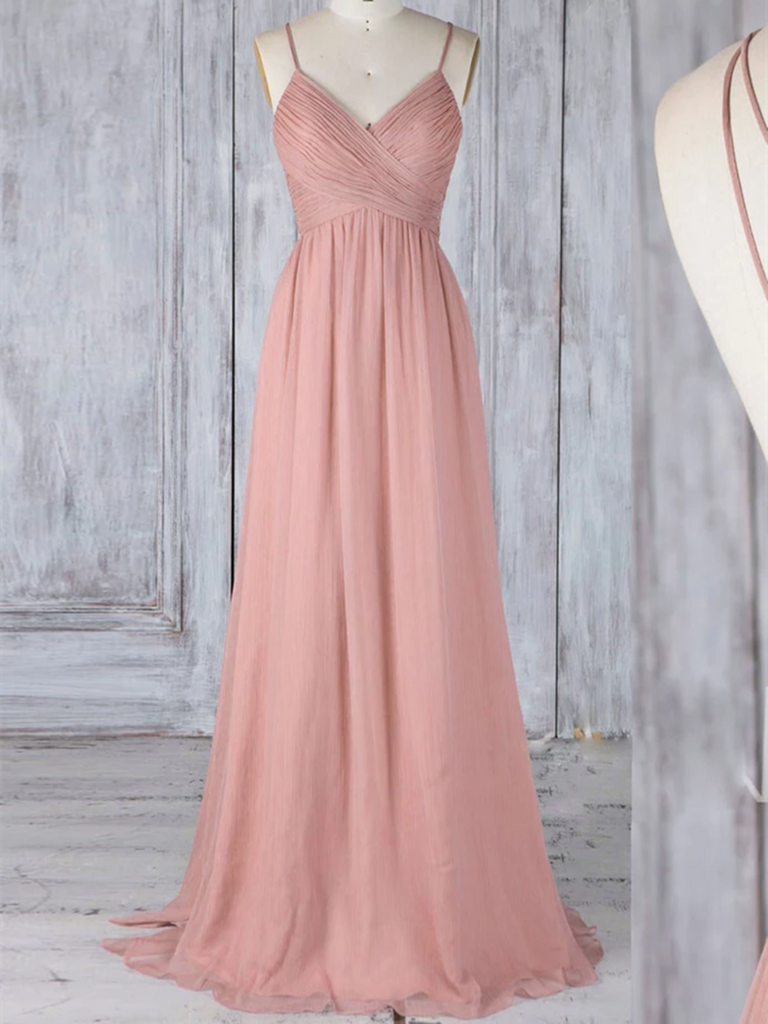 A Line V Neck Pink Chiffon Lace Backless Long Prom Dresses, V Neck Pink Chiffon Lace Backless Formal Evening Dresses