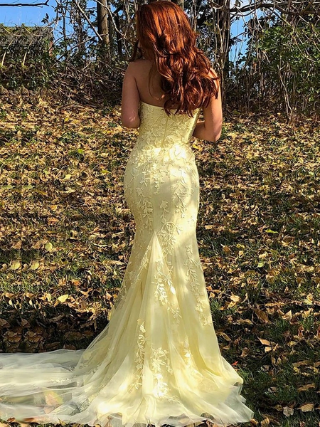 Strapless Mermaid Yellow/Pink Lace Long Prom Dresses, Yellow/Pink Lace Formal Evening Dresses