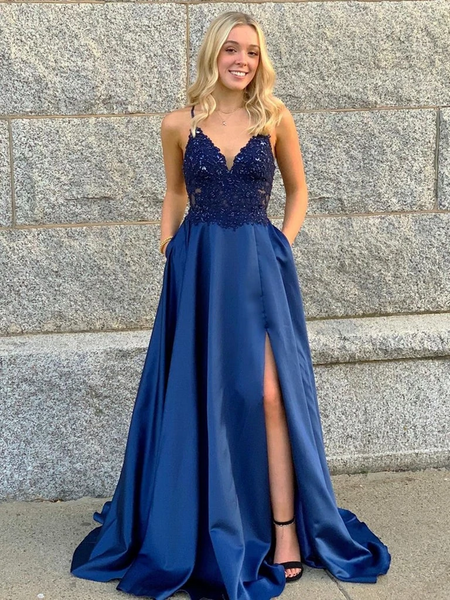 V Neck Blue Lace Prom Dresses, Blue V Neck Lace Formal Evening Dresses