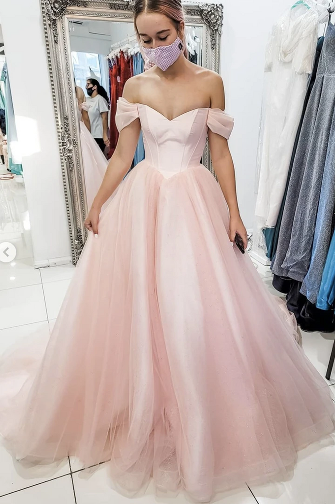 A Line Off Shoulder Pink Tulle Long Prom Dresses Off The Shoulder Pink Long Tulle Formal Evening Dresses