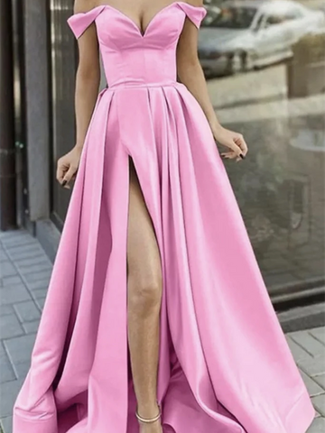 Elegant Off Shoulder Pink Satin Long Prom Dresses with High Slit, Off the Shoulder Pink Formal Evening Dresses