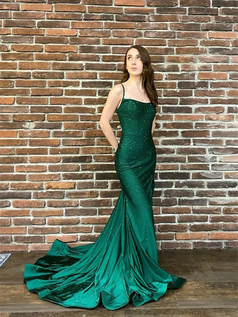 Mermaid Green Satin Long Prom Dresses, Mermaid Green Satin Long Frmal Evening Dresses