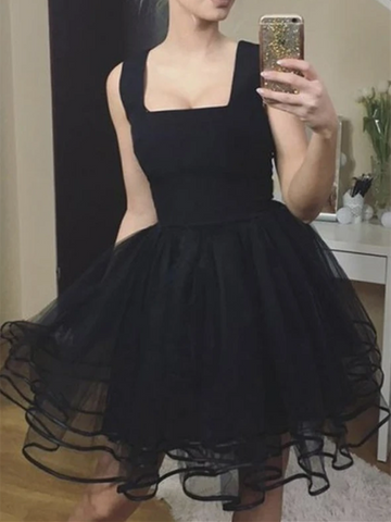 A Line Black Tulle Short Prom Dresses, A Line Black Tulle Short Formal Evening Homecoming Dresses