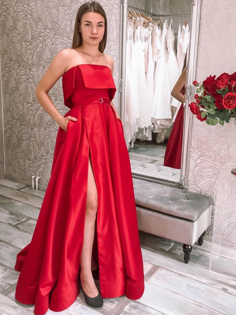 A Line Strapless Red Satin Long Prom Dresses with Pocket, High Slit Red Formal Graduation Evening Dresses