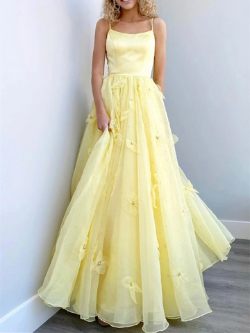 A Line Yellow Tulle Long Prom Dresses, A Line Yellow Tulle Long Formal Evening Dresses