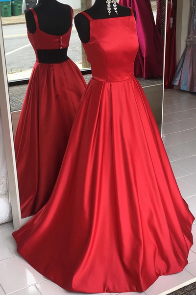 Simple A Line Open Back Royal Blue /Red Satin Long Prom Dresses with Pockets, Open Back Long Royal Blue/Red Formal Evening Dresses