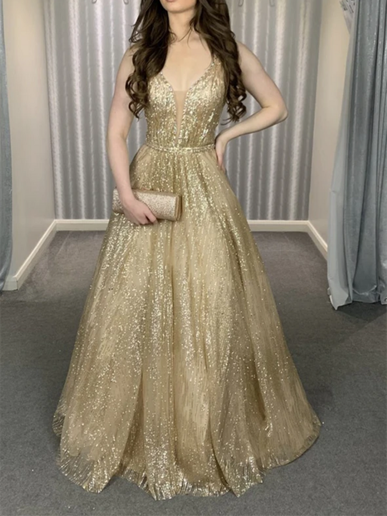 A Line V Neck Gold Sequins Long Prom Dresses, A Line V Neck Golden  Sequins Long Formal Evening Dresses