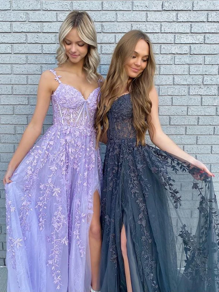 V Neck Lilac Navy Blue Lace Prom Dresses, Purple Navy Blue Lace Formal Graduation Dresses