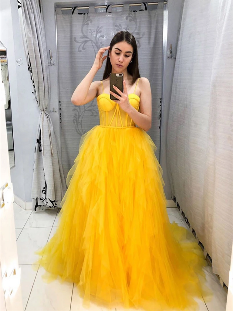 A Line Yellow Tulle Long Prom Dresses, Yellow Tulle Long Formal Evenin morievent A Line Yellow Tulle Long Prom Dresses, Yellow Tulle Long Formal Evenin morievent