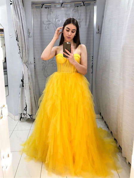A Line Yellow Tulle Long Prom Dresses, Yellow Tulle Long Formal Evening Dresses