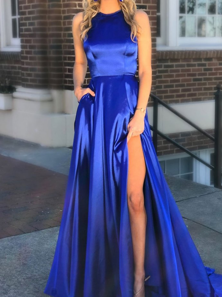 Halter Open back A Line Royal Blue Satin Long Prom Dresses With High S morievent Halter Open back A Line Royal Blue Satin Long Prom Dresses With High S morievent
