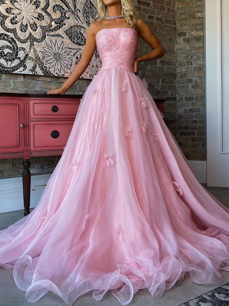 A Line Strapless Pink Tulle Applique Long Prom Dresses,  Pink Tulle Applique Long Formal Evening Dresses