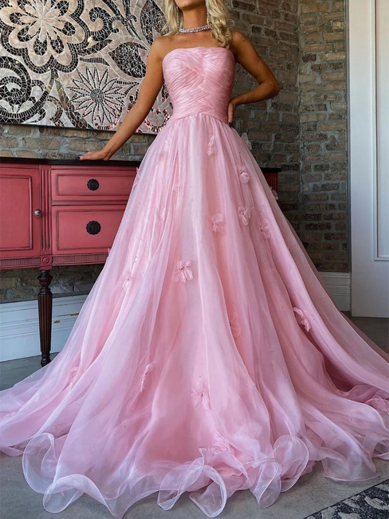 A Line Strapless Pink Tulle Applique Long Prom Dresses, Pink Tulle App morievent A Line Strapless Pink Tulle Applique Long Prom Dresses, Pink Tulle App morievent