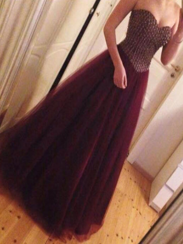 Custom Made Sweetheart Neck Strapless Floor Length Maroon Prom Dress, Prom Gown, Formal Dress