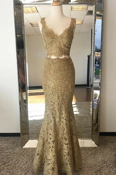 V Neck Two Pieces Mermaid Golden Lace Long Prom Dresses, 2 Piece Golden Mermaid Lace Formal Evening Dresses