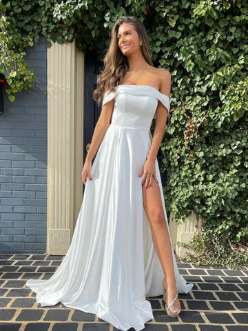 Simple Off Shoulder White Satin Long Prom Dresses with High Slit, Off the Shoulder White Formal Graduation Evening Dresses