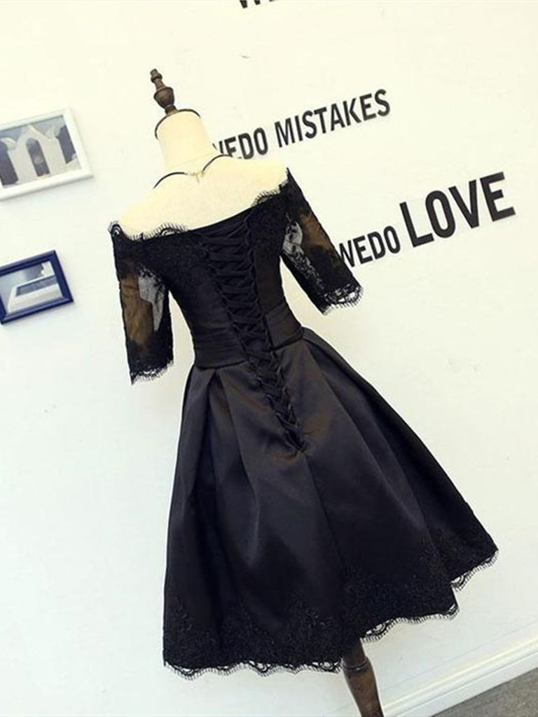 A Line Half Sleeves Off Shoulder Black Short Homecoming Dresses, Off S morievent A Line Half Sleeves Off Shoulder Black Short Homecoming Dresses, Off S morievent