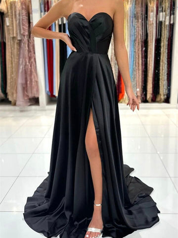 Black Strapless Satin Long Prom Dress, A Line Black Evening Dress with Slit