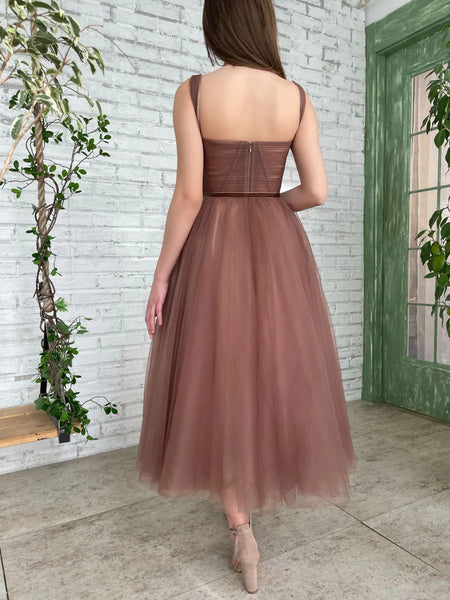 Simple A Line Tea Length Brown Prom Dresses, Brown Homecoming Dresses