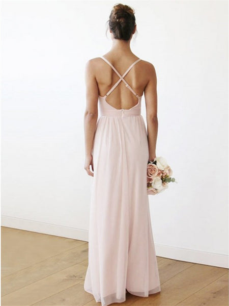 A-Line V Neck Criss-Cross Straps Pink Chiffon Long Bridesmaid Dress with Pleats,  Pink Chiffon Long Prom Dress