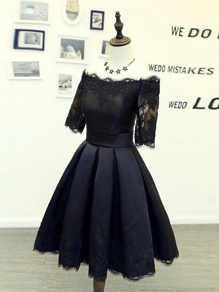 A Line Half Sleeves Off Shoulder Black Short Homecoming Dresses, Off S – morievent