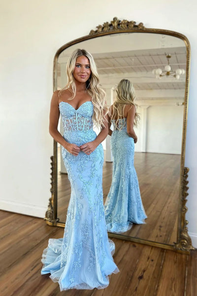Blue Strapless Tulle Long Prom Dress with Lace, Mermaid Evening Dress