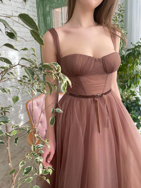 Simple A Line Tea Length Brown Prom Dresses, Brown Homecoming Dresses