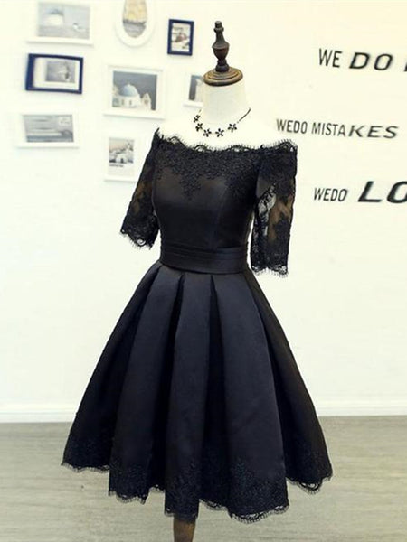A Line Half Sleeves Off Shoulder Black Short Homecoming Dresses,  Off Shoulder Black Short Lace Prom Dresses