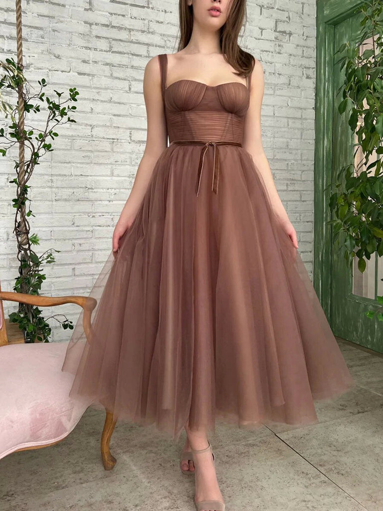 Simple A Line Tea Length Brown Prom Dresses, Brown Homecoming Dresses morievent Simple A Line Tea Length Brown Prom Dresses, Brown Homecoming Dresses morievent