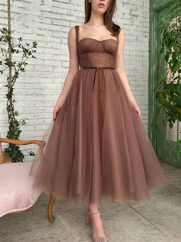 Simple A Line Tea Length Brown Prom Dresses, Brown Homecoming Dresses