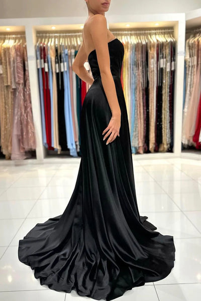 Black Strapless Satin Long Prom Dress, A Line Black Evening Dress with Slit