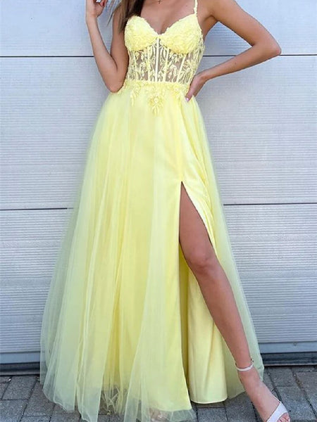 V Neck Blue/Pink/Yellow Lace Long Prom Dress with High Slit, Blue/Pink/Yellow Lace Formal Graduation Evening Dress