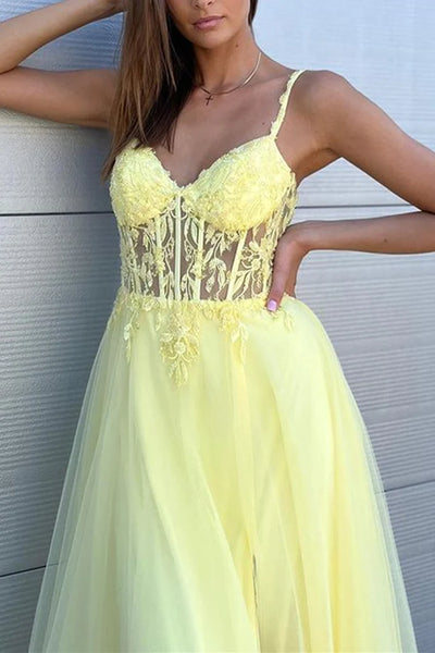 V Neck Blue/Pink/Yellow Lace Long Prom Dress with High Slit, Blue/Pink/Yellow Lace Formal Graduation Evening Dress