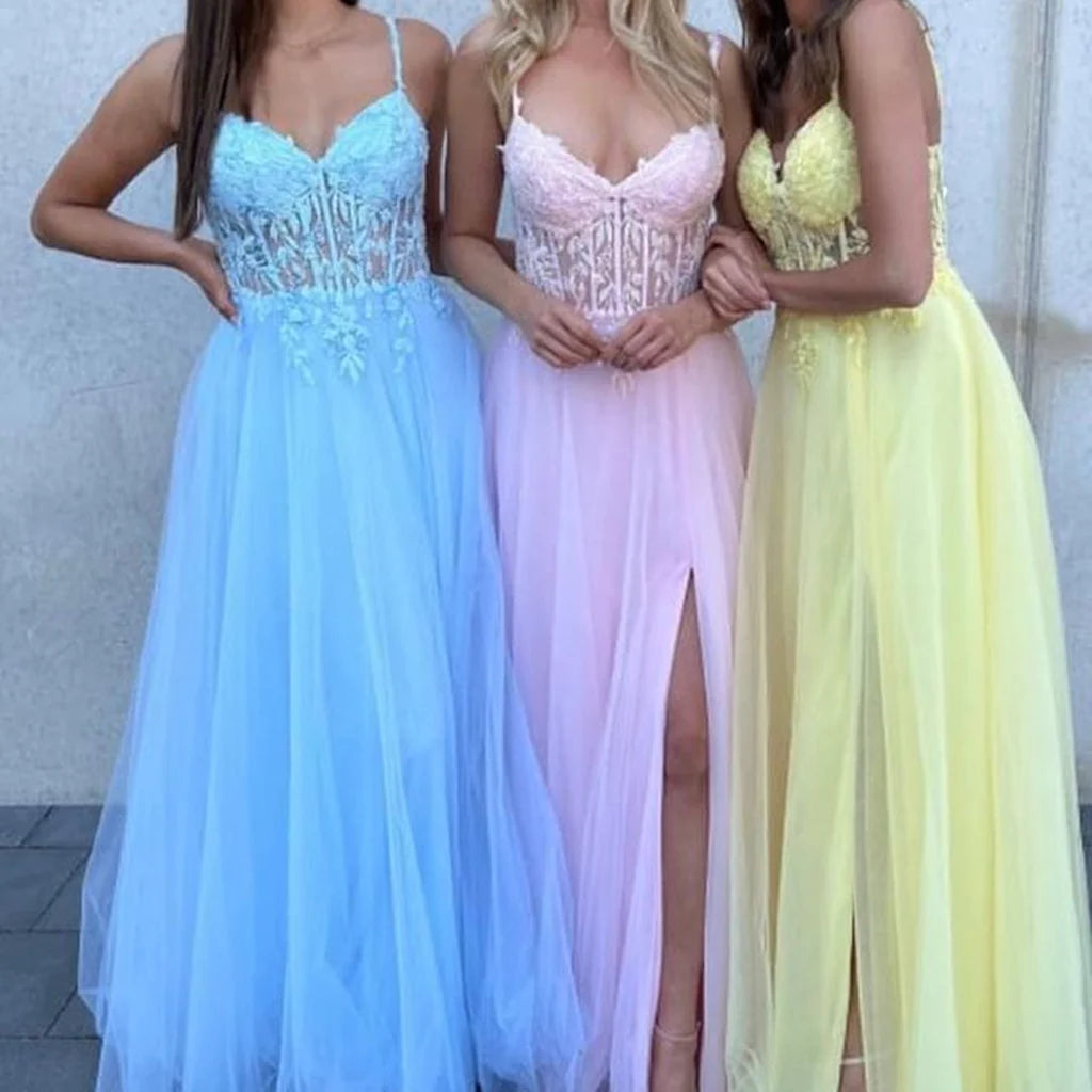 V Neck Blue/Pink/Yellow Lace Long Prom Dress with High Slit, Blue/Pink/Yellow Lace Formal Graduation Evening Dress V Neck Blue/Pink/Yellow Lace Long Prom Dress with High Slit, Blue/Pink/Yellow Lace Formal Graduation Evening Dress